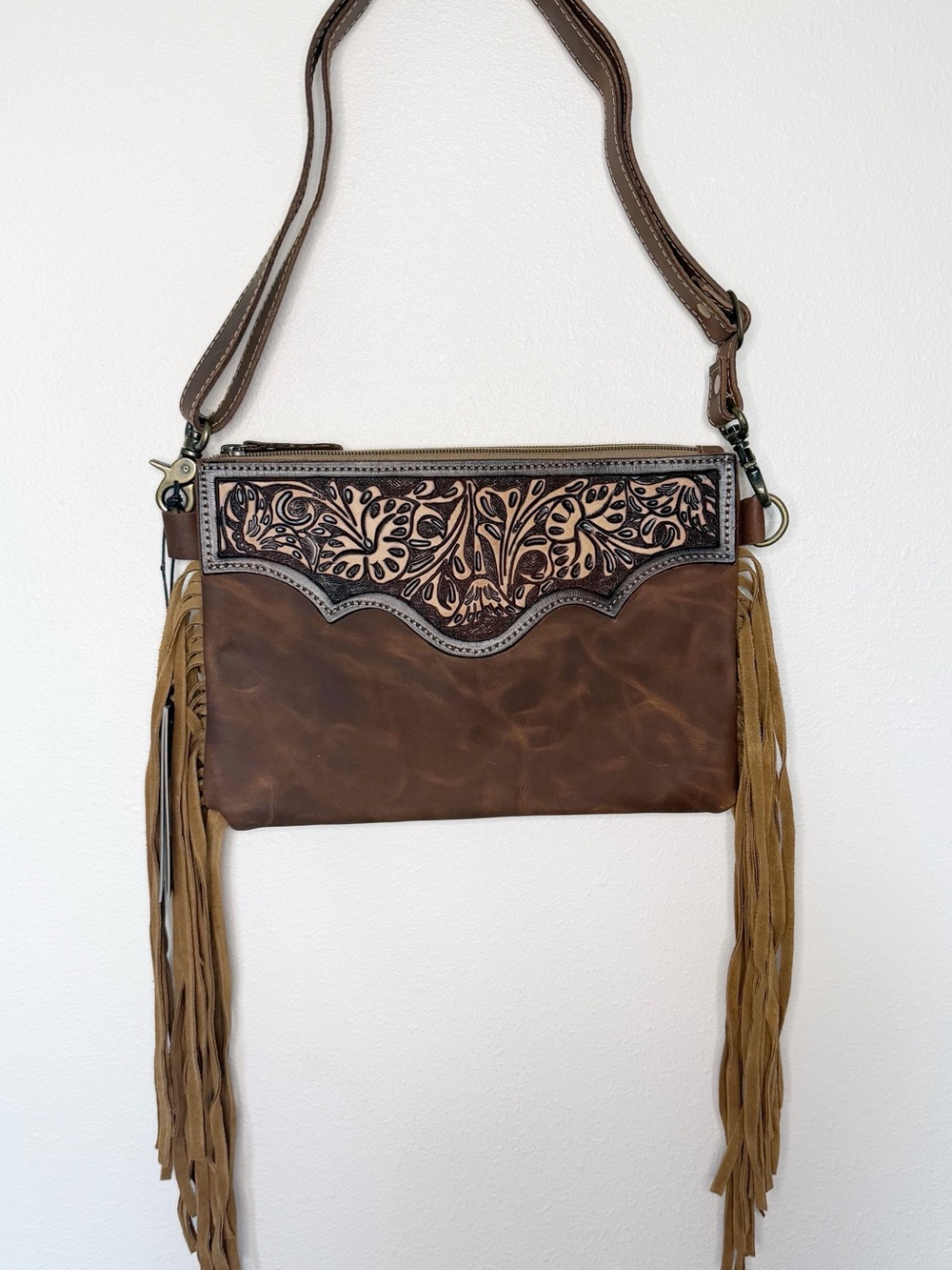 Myra Bag Brown Leather Fringe Crossbody Bag with Floral Tooled Accent